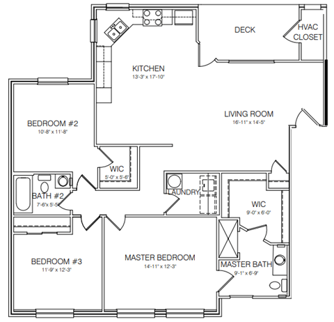 Floor plan for 3 beds, 2 baths, 1400 sqft